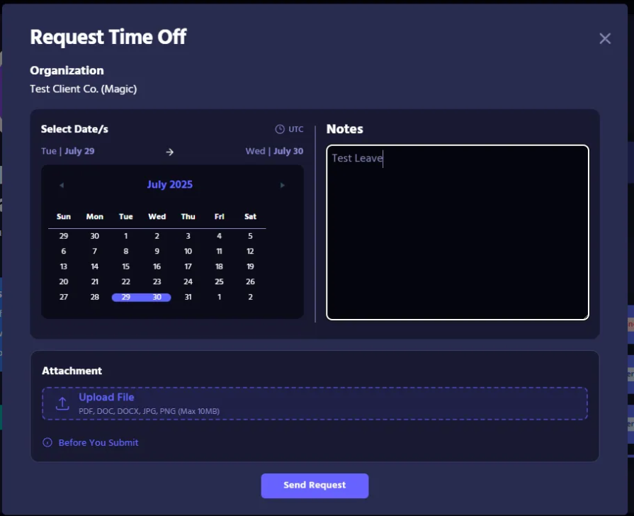 Request Time Off form with the date picker, Notes field and Send Request button