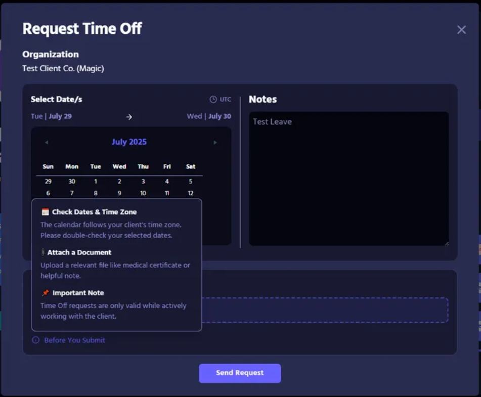 Request Time Off form showing the Before You Submit notice