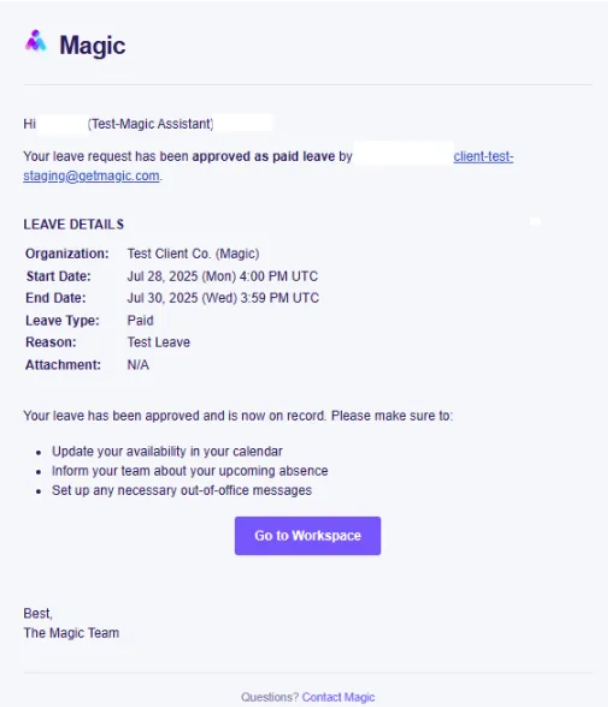 Leave approval email from Magic with the leave details