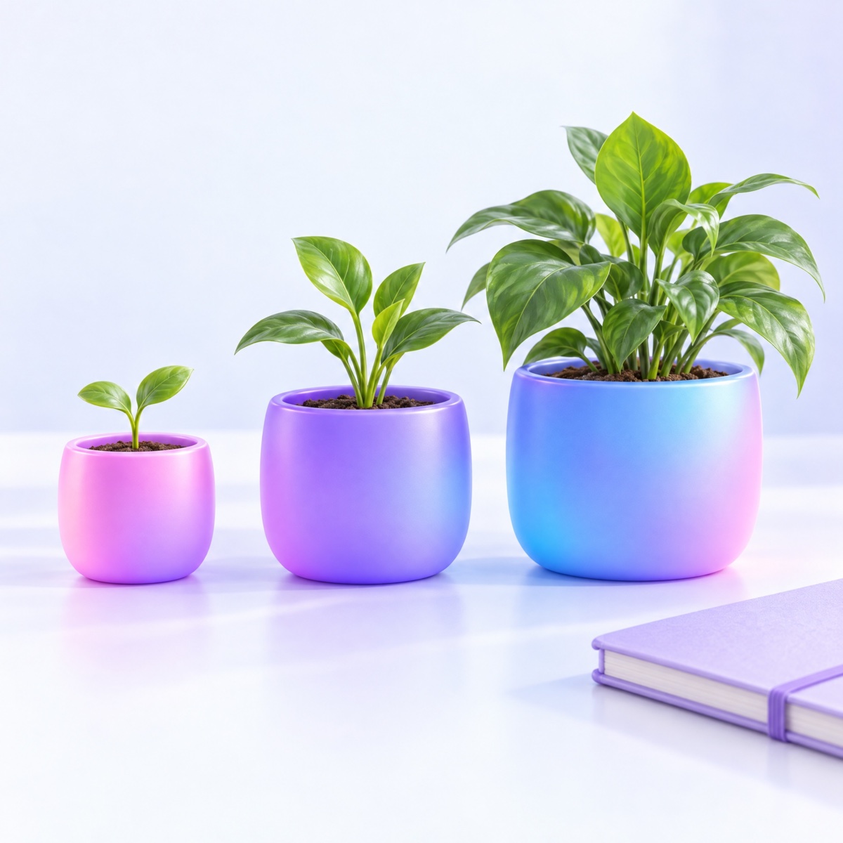 Three rounded plant pots growing in size from a sprout to a full plant