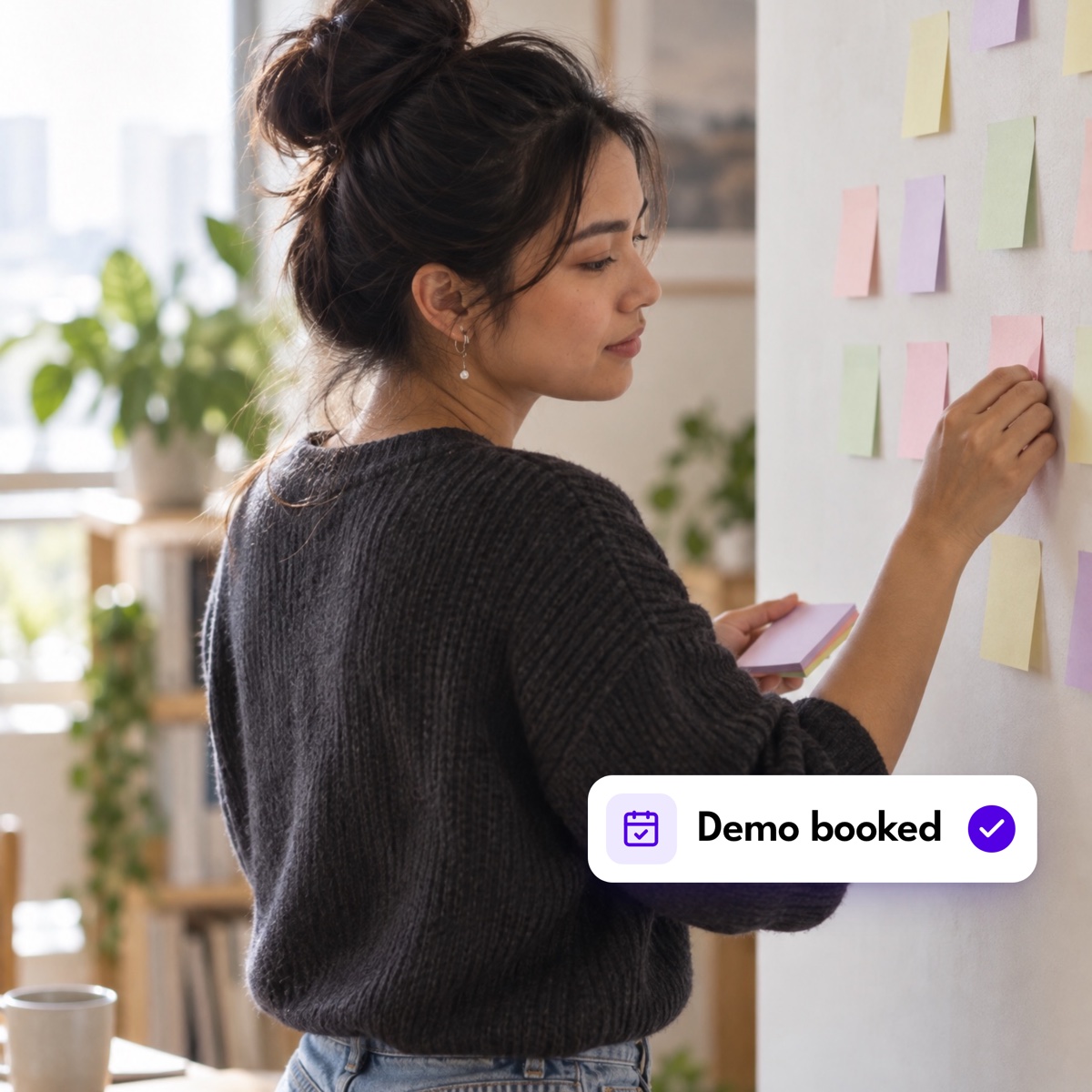 An assistant sorting sticky notes on a wall, with a "Demo booked" notification