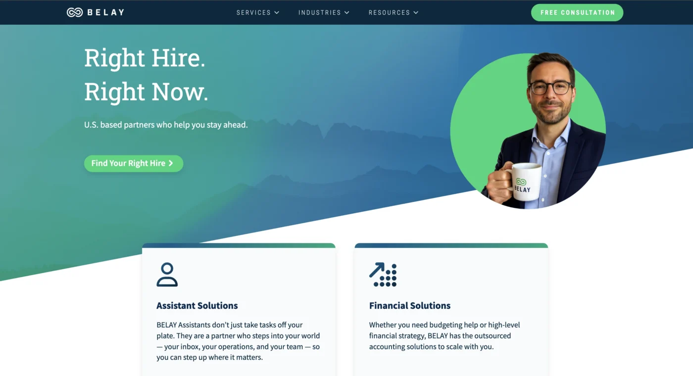 BELAY homepage, showing its US-based virtual assistant service