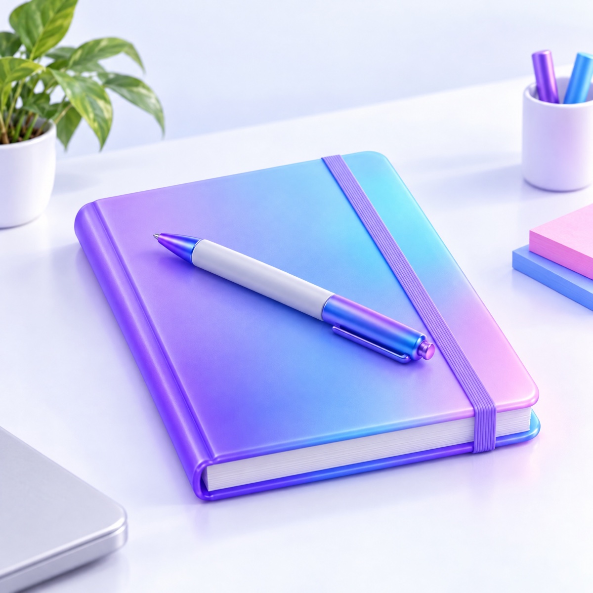 A closed notebook with a lavender-to-blue cover and a pen resting across it