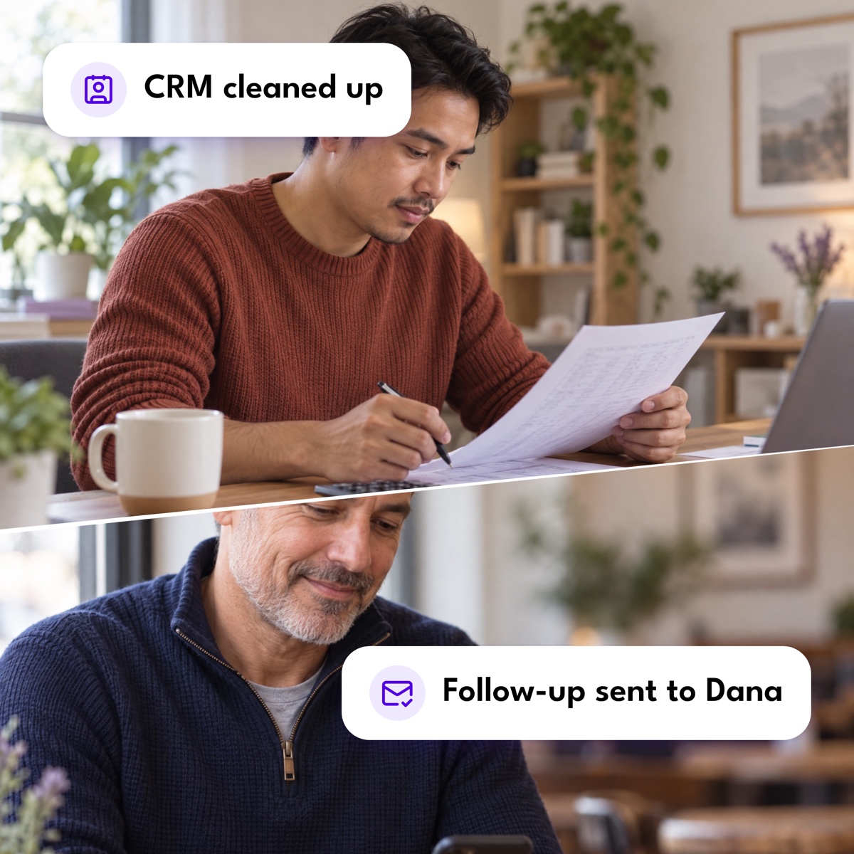 An assistant reviewing a printed spreadsheet above a business owner reading his phone in a cafe, with "CRM cleaned up" and "Follow-up sent to Dana" labels