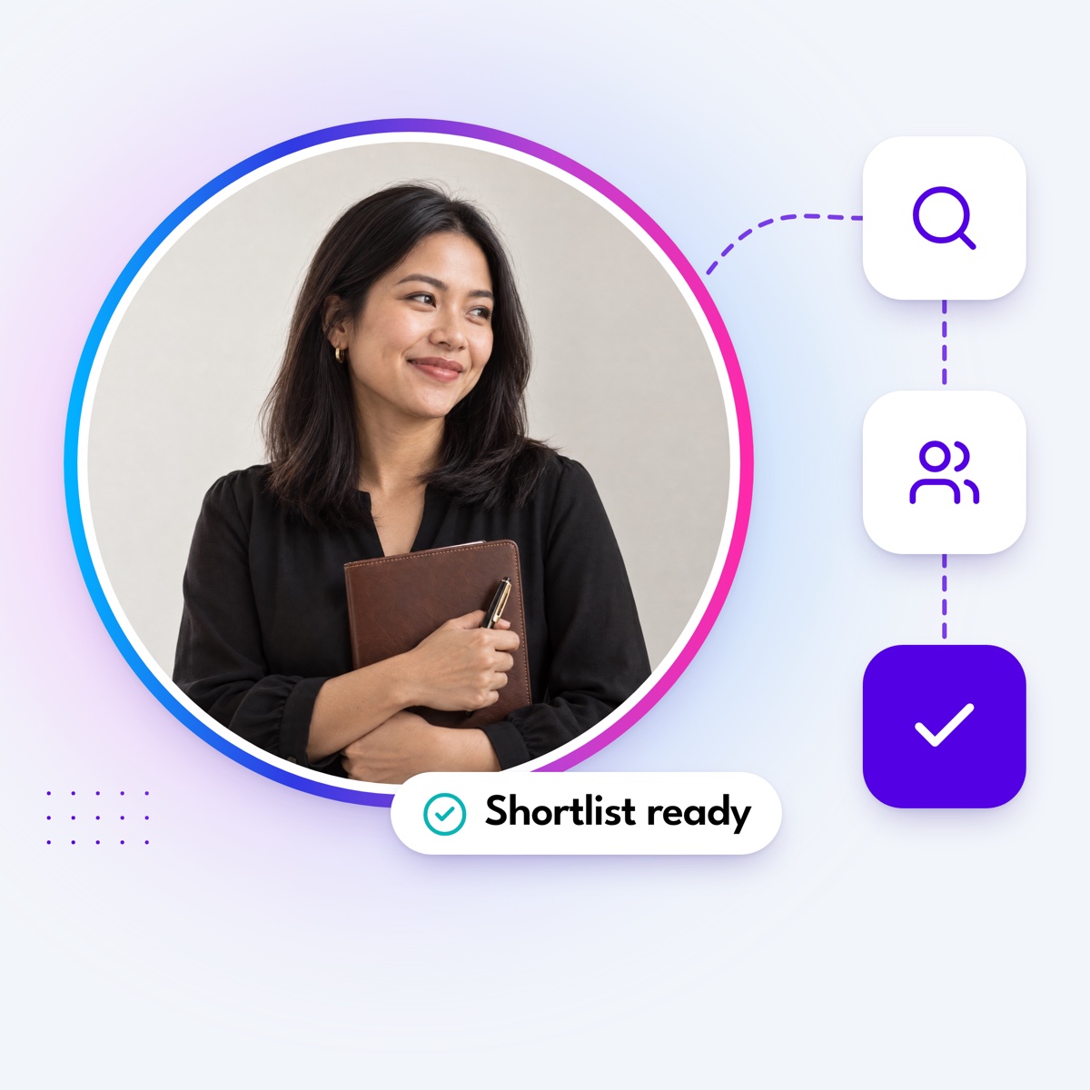 An executive assistant in a round gradient frame, with a dashed path to search, people and approved tiles and a "Shortlist ready" label