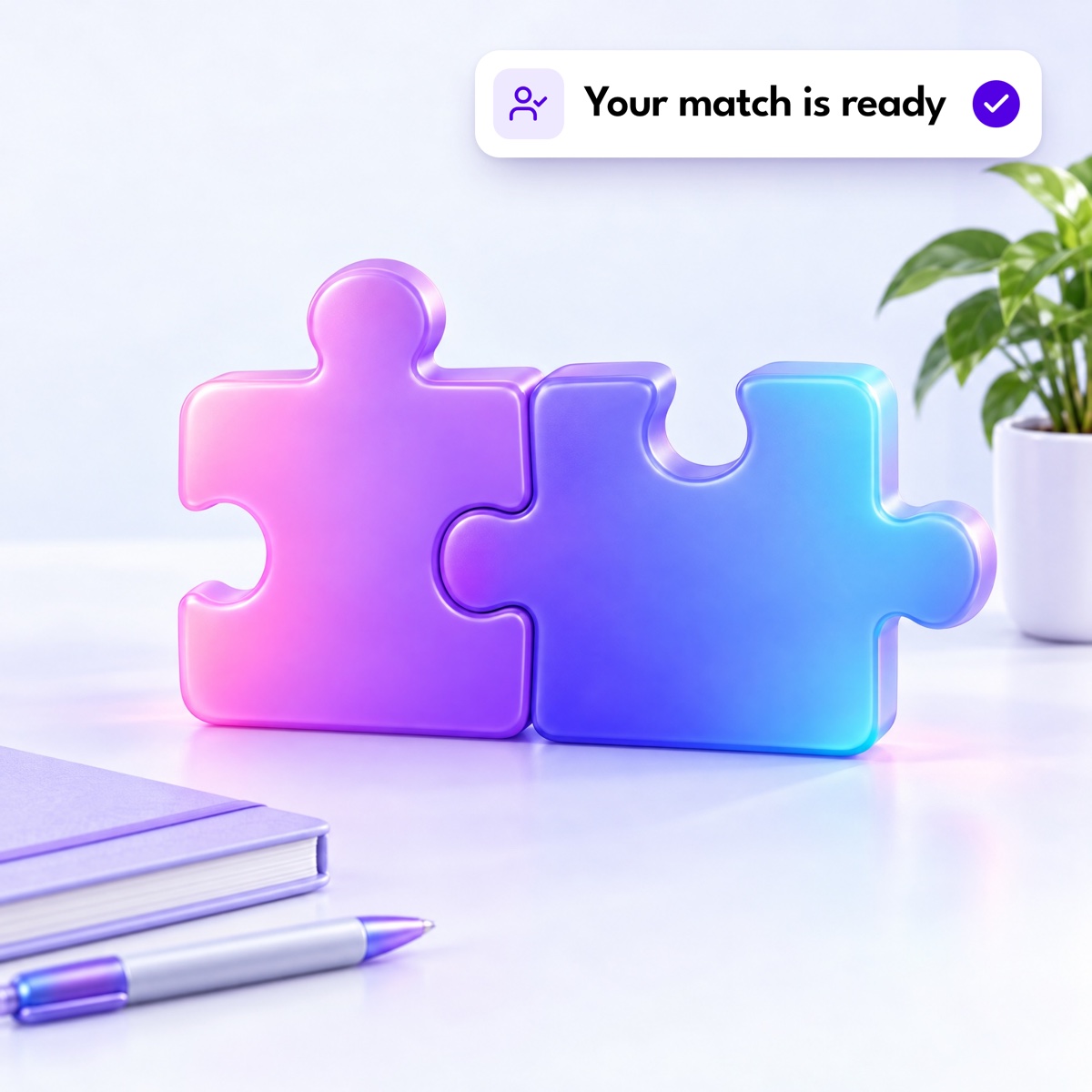Two rounded puzzle pieces clicking together, with a "Your match is ready" notification