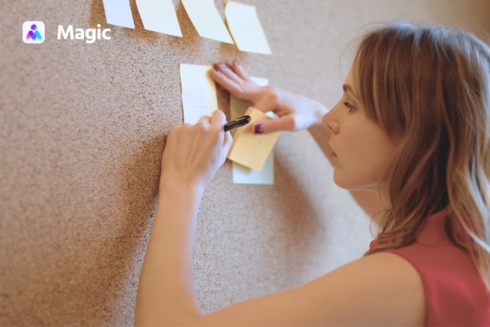 Person writing on sticky notes attached to a cork board wall, showcasing the Magic app's organizational features