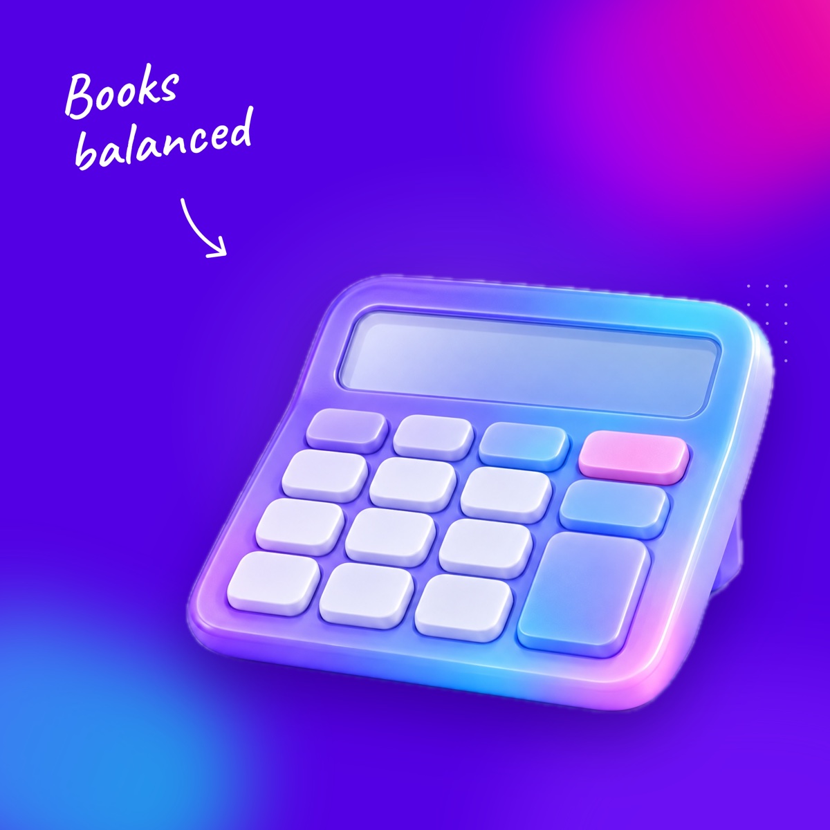A rounded violet calculator on a deep violet background, with a handwritten note "Books balanced" and an arrow