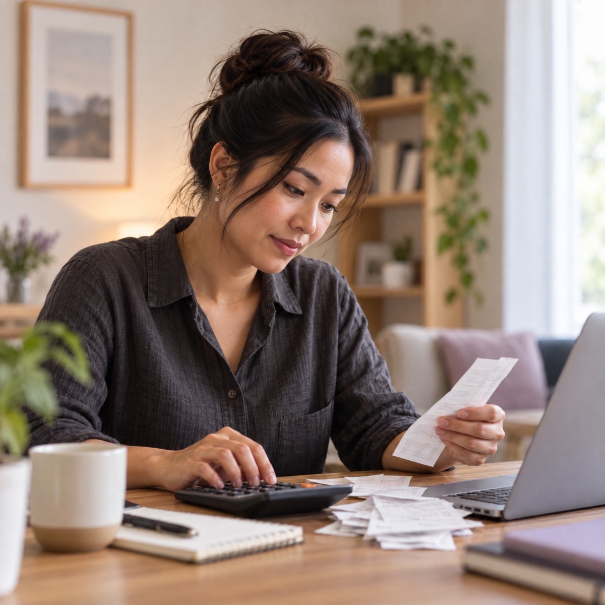 A bookkeeper checking a pile of receipts with a calculator beside her laptop