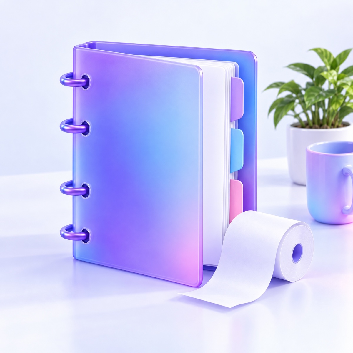 A ring binder with colored tabs beside a roll of receipt paper