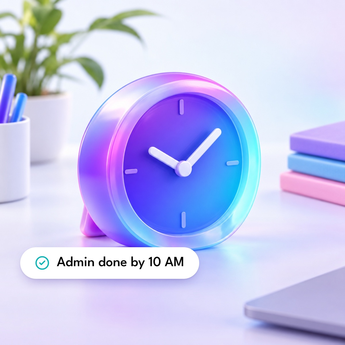 A rounded alarm clock on a pale desk, with an "Admin done by 10 AM" label