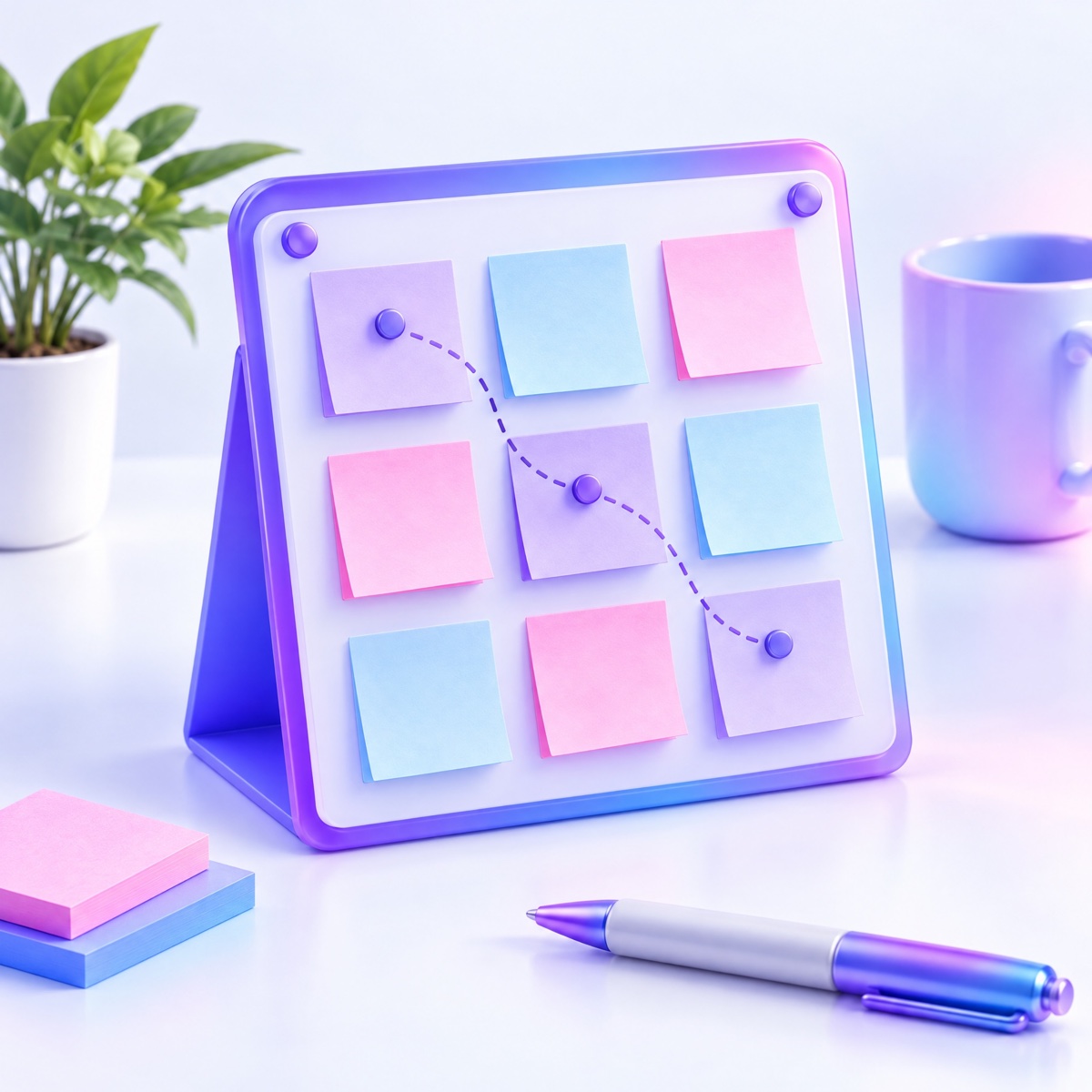 A small board of pastel sticky notes in rows, three of them joined by a dashed thread