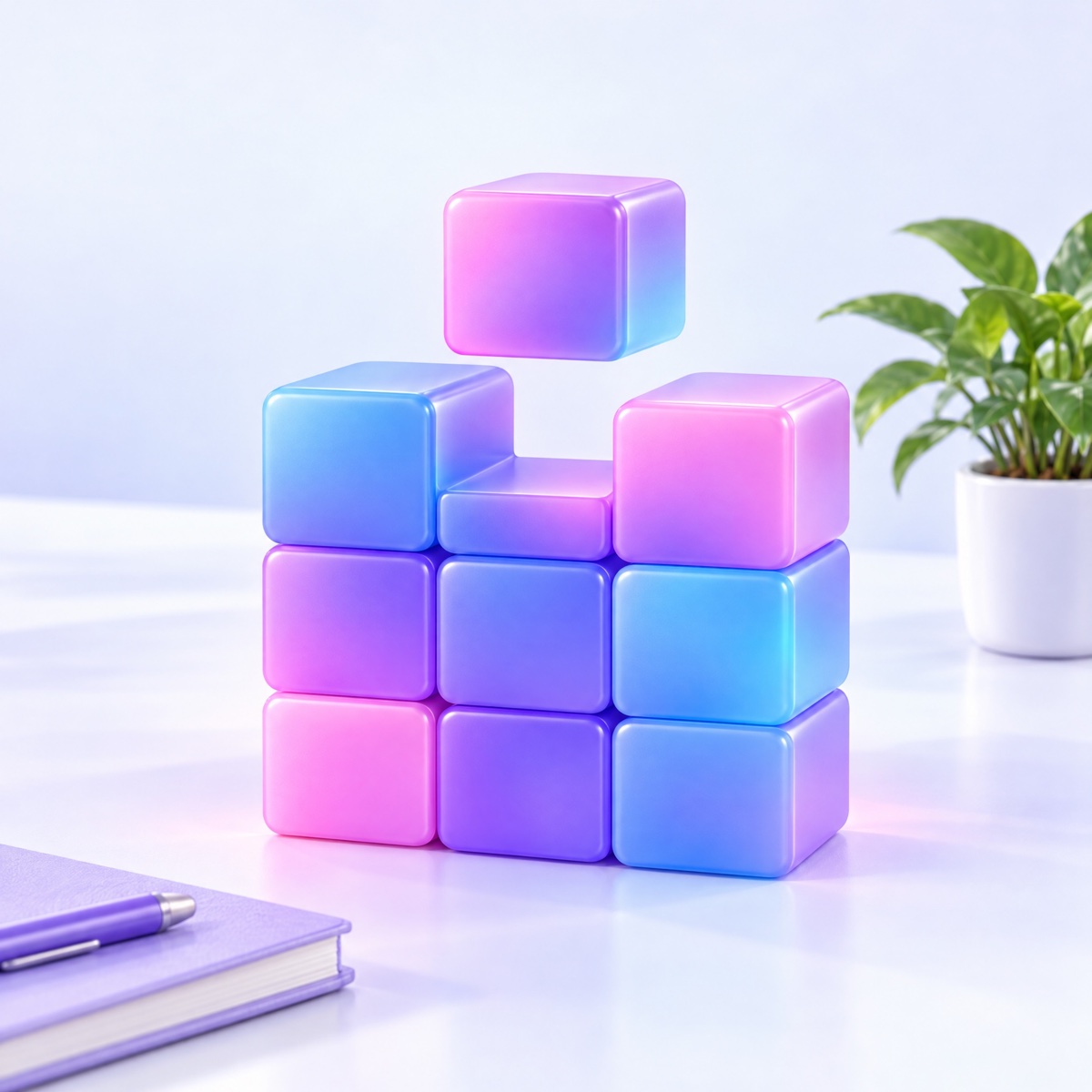 A structure of rounded modular blocks with one new block about to click into place