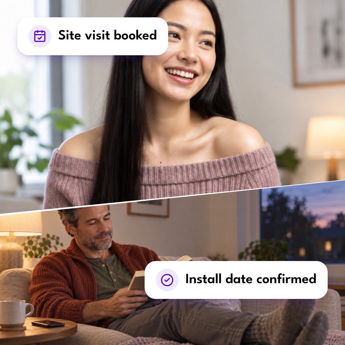 An assistant smiling with a tablet above a homeowner relaxing at home, with "Site visit booked" and "Install date confirmed" labels