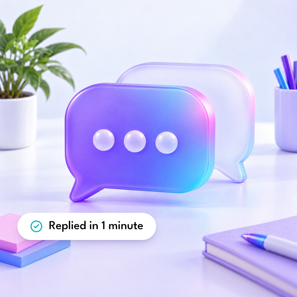 Two rounded speech bubbles, the front one violet, with a "Replied in 1 minute" label