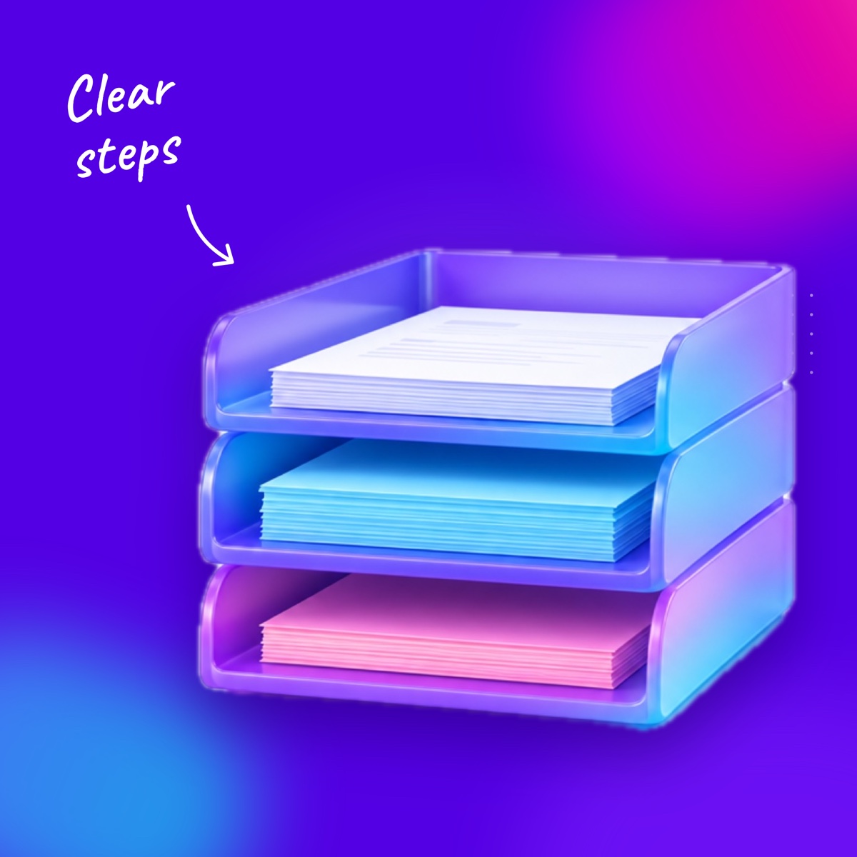 Three stacked document trays on a deep violet background, with a handwritten note "Clear steps" and an arrow