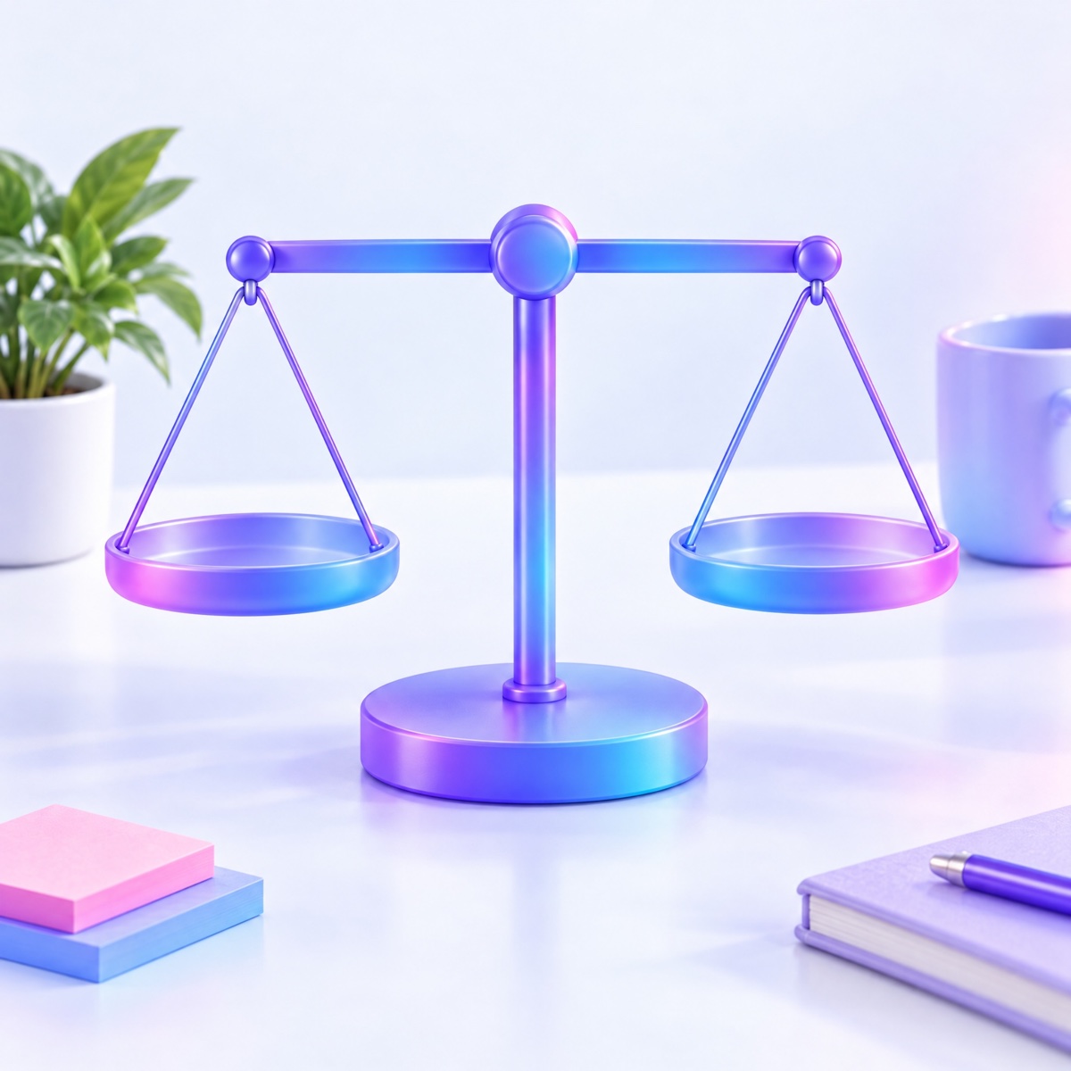 A rounded violet balance scale with two level pans