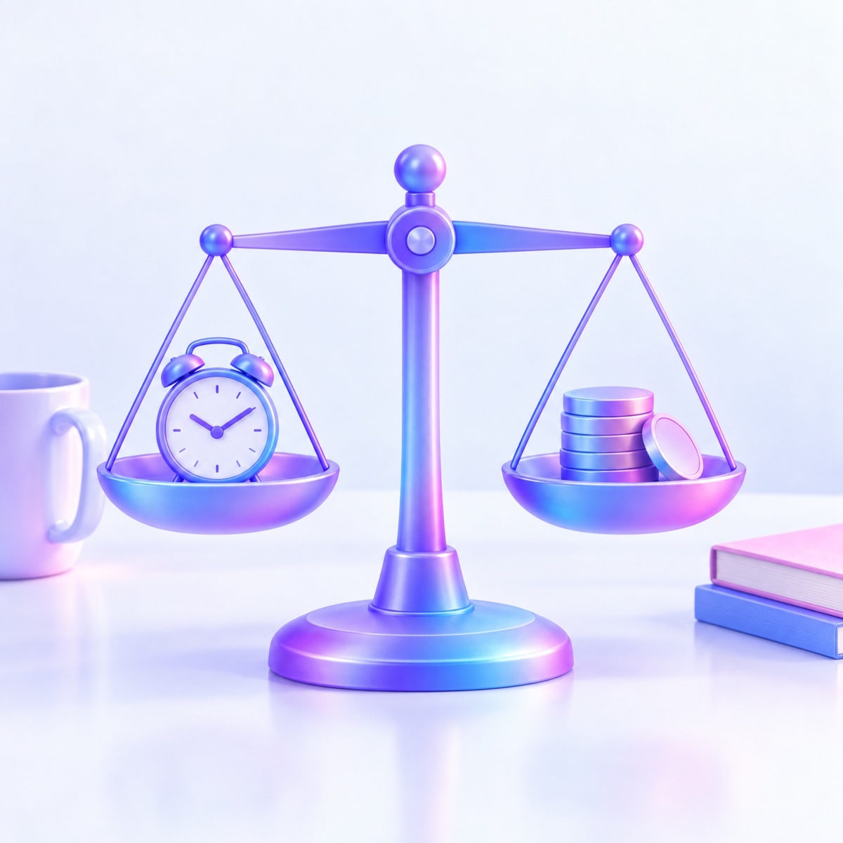 A balance scale holding an alarm clock on one side and a stack of coins on the other, perfectly level