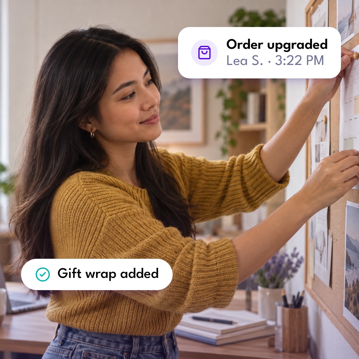 A marketing assistant pinning a content calendar to a board, with an "Order upgraded" notification and a "Gift wrap added" label