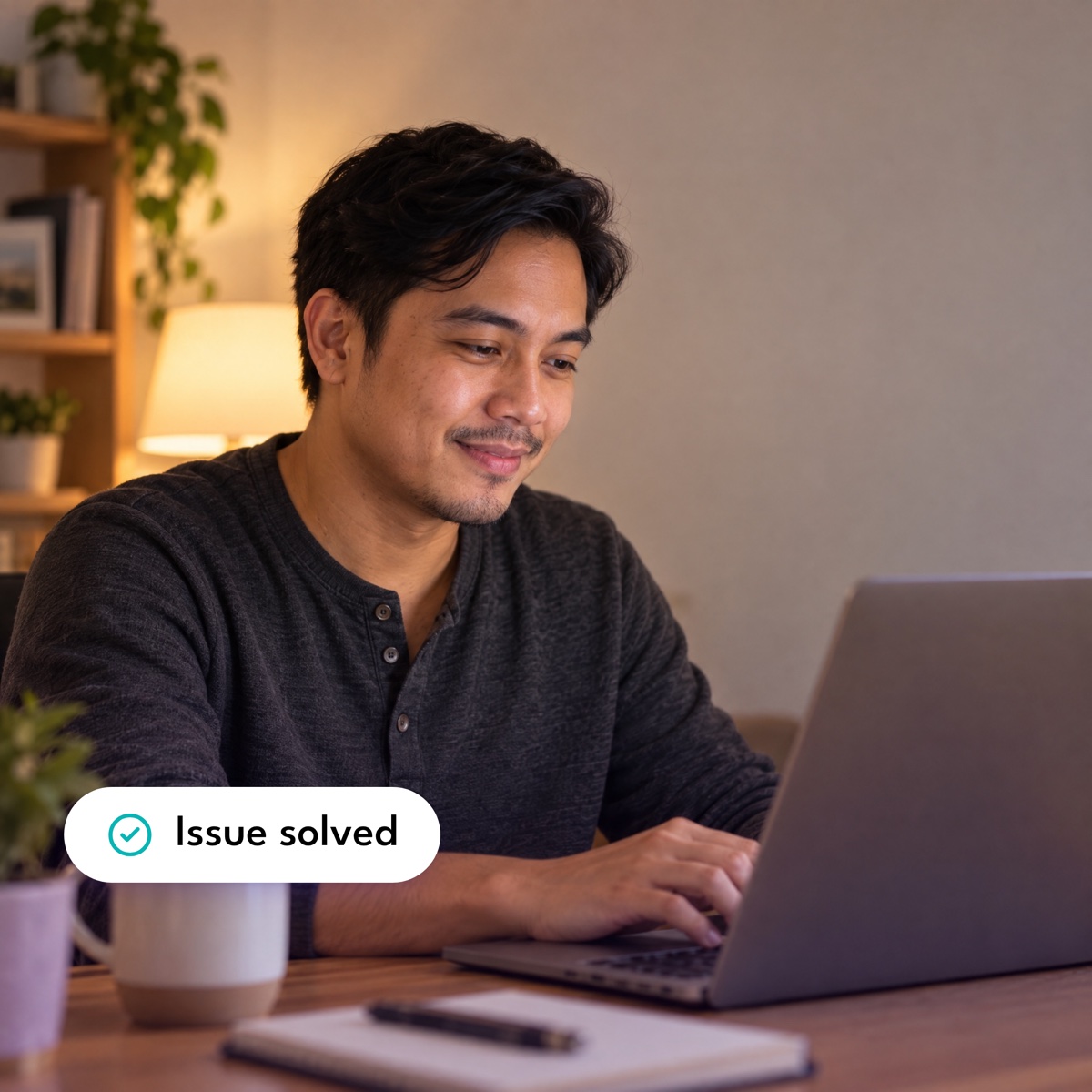 A customer care assistant reading a message in the evening, with an "Issue solved" label
