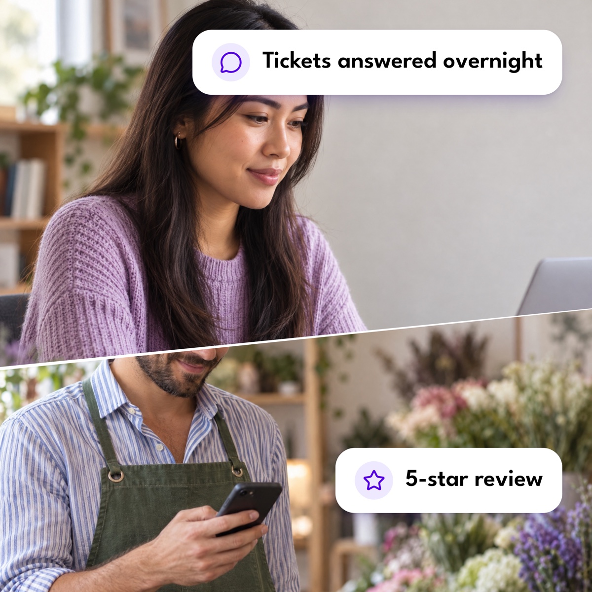 A support assistant typing a reply above a florist smiling at his phone, with "Tickets answered overnight" and "5-star review" labels