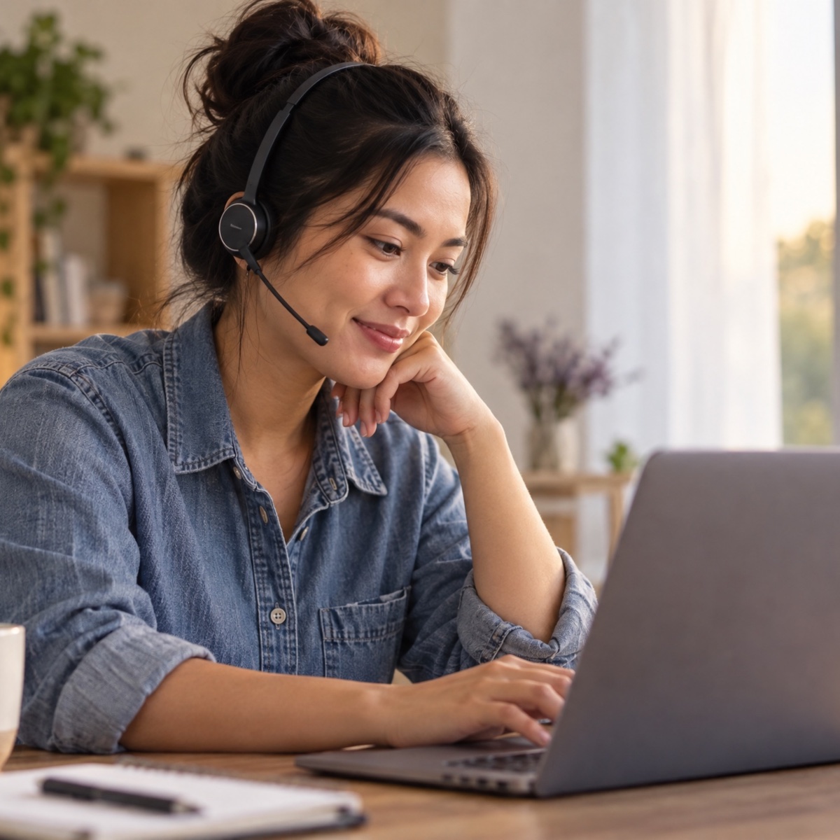 A customer support specialist with a headset reading a reply on her laptop