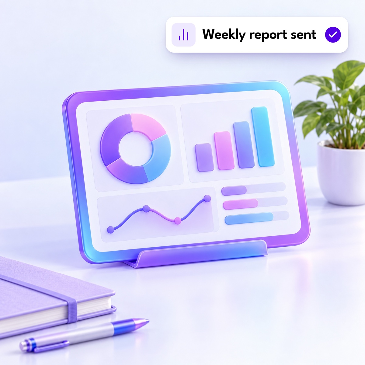 A rounded tablet showing an abstract dashboard of bars and a ring, with a "Weekly report sent" notification