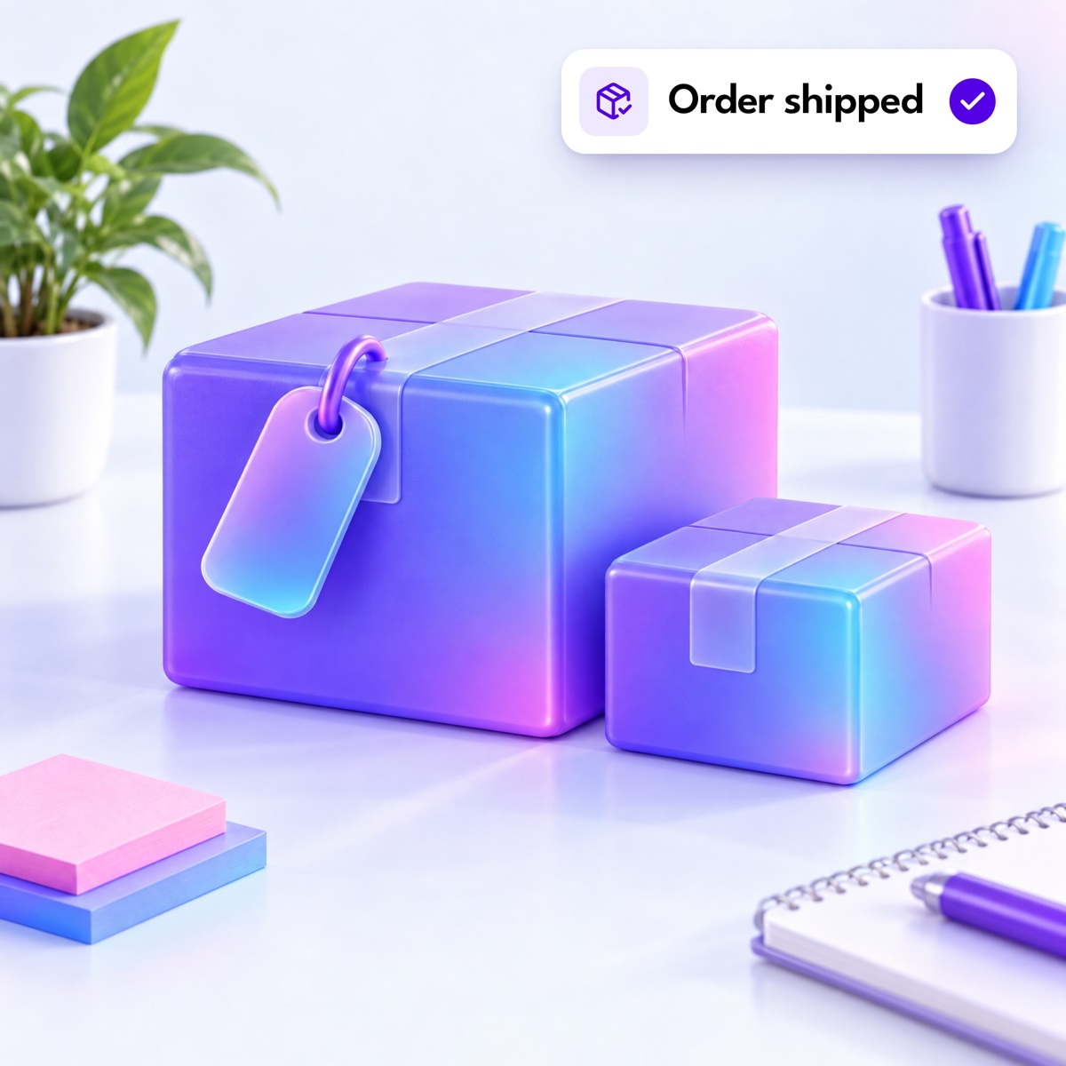 Two shipping boxes with a luggage-style tag, with an "Order shipped" notification