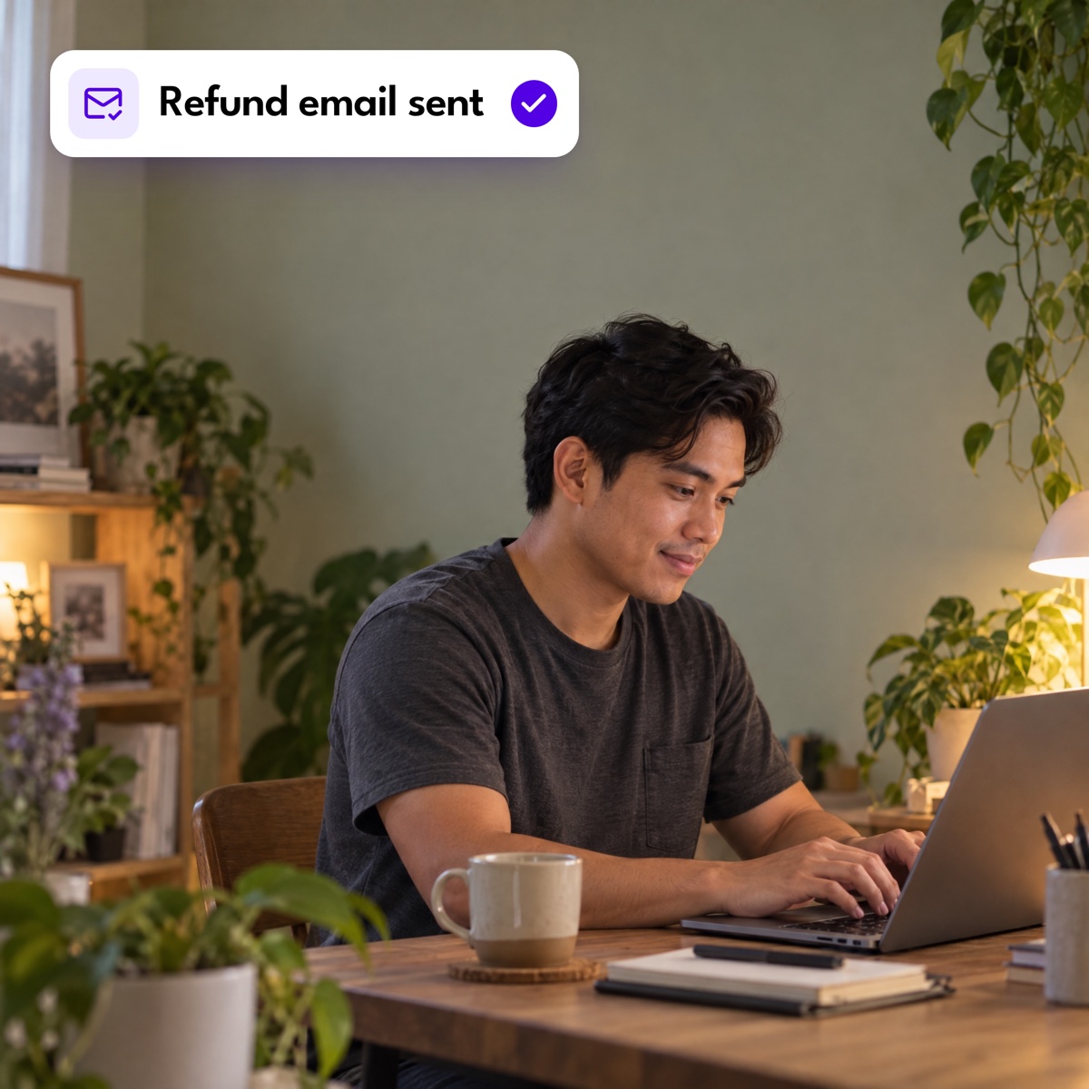 A man answering customer emails on his laptop in the evening, with a "Refund email sent" notification