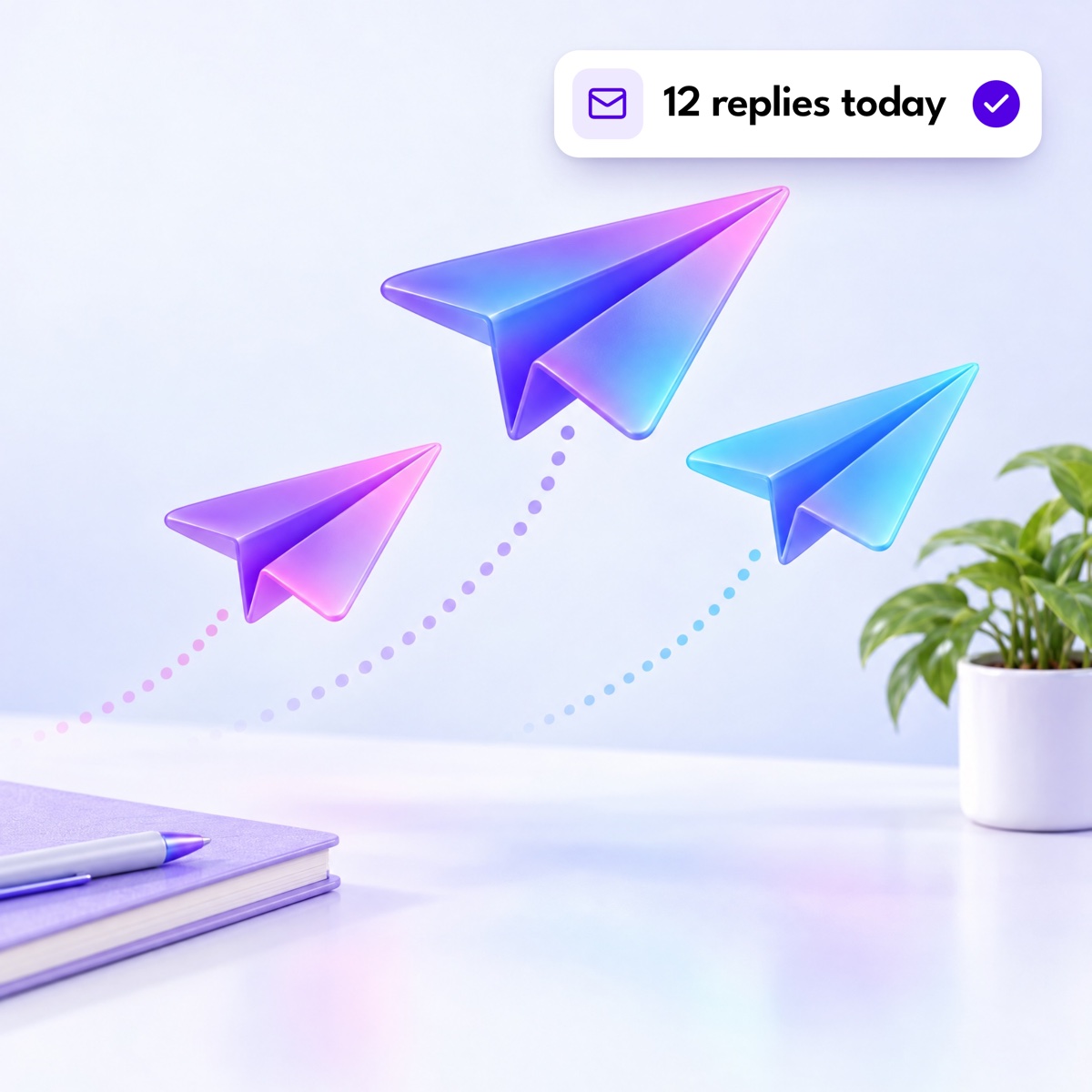 Three rounded paper airplanes flying in an arc, with a "12 replies today" notification