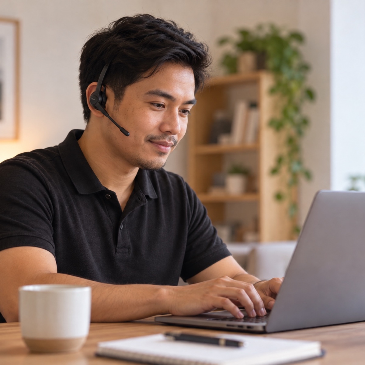 A customer support specialist with a headset typing a reply on his laptop