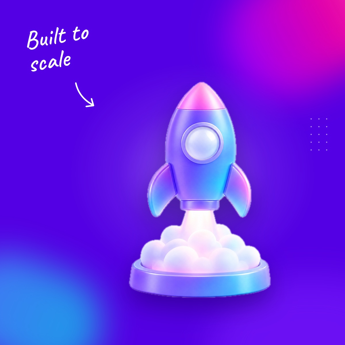 A rounded violet rocket lifting off on a deep violet background, with a handwritten note "Built to scale" and an arrow