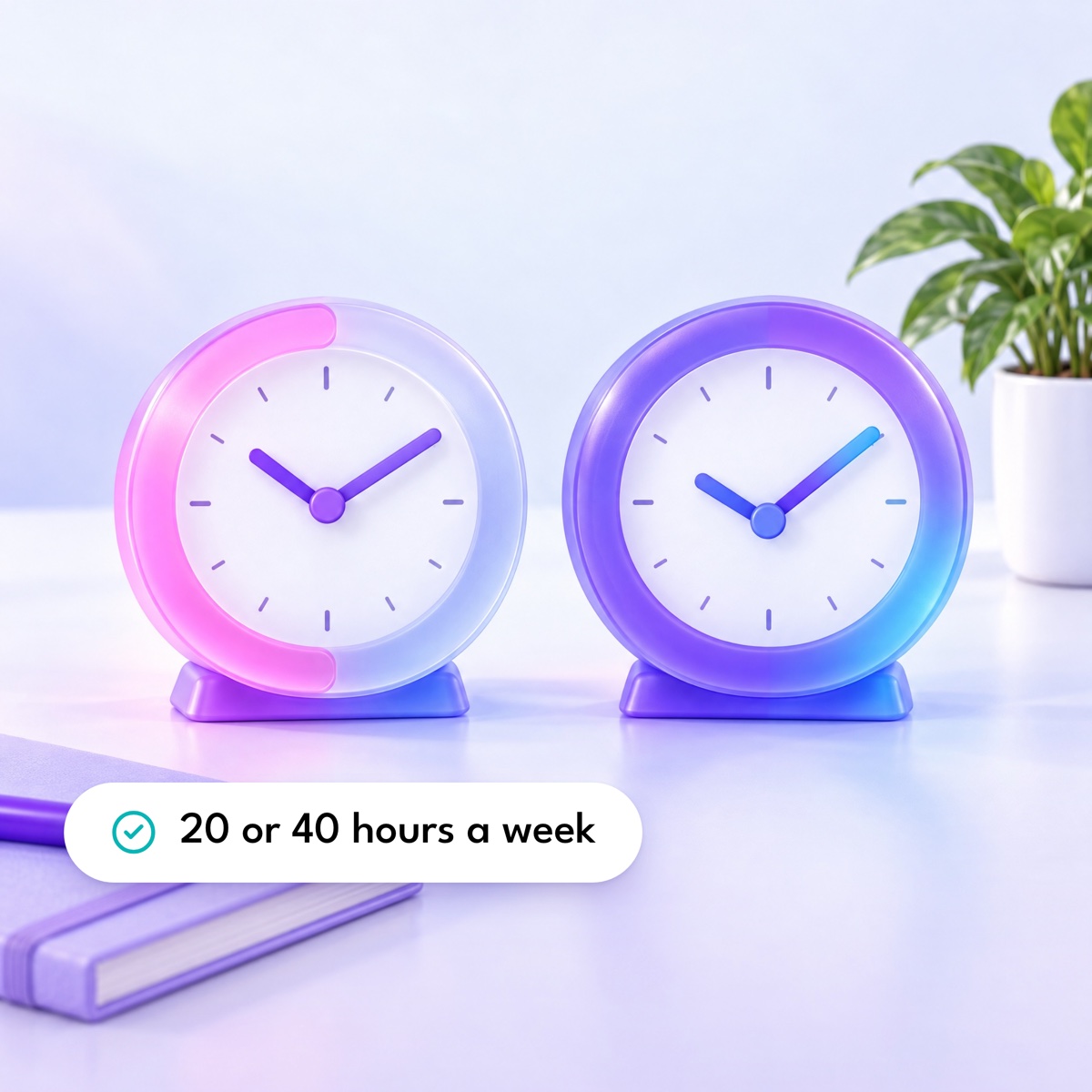 Two rounded desk clocks, one ringed halfway and one fully, with a "20 or 40 hours a week" label
