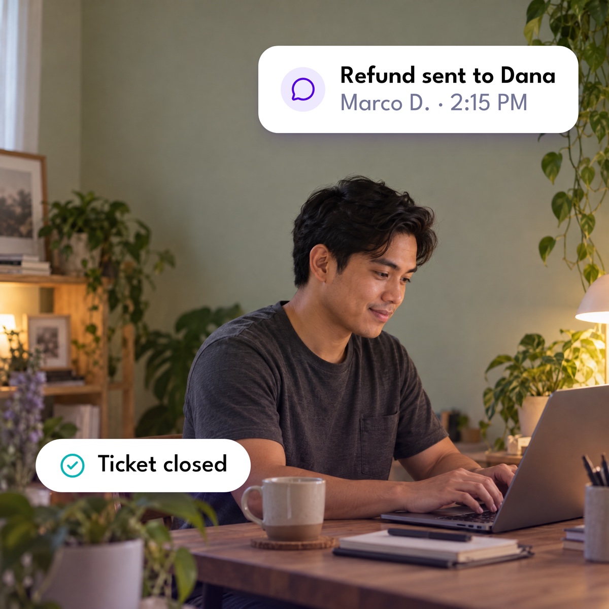 A support assistant answering customer emails at his desk, with a "Refund sent to Dana" notification and a "Ticket closed" label