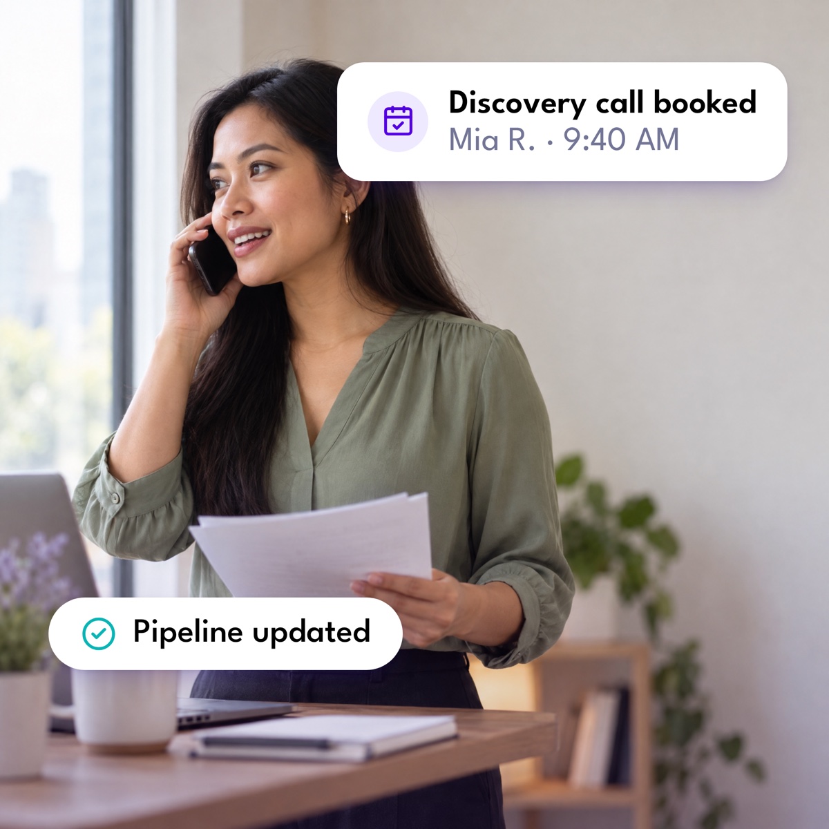 A sales representative on a phone call by a window, with a "Discovery call booked" notification and a "Pipeline updated" label