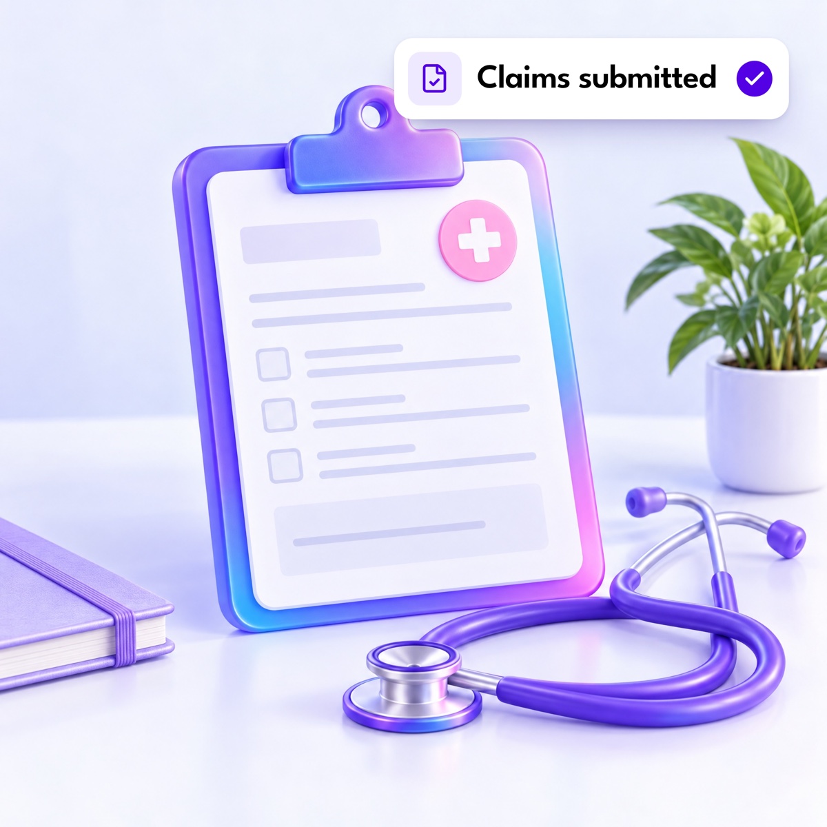 A clipboard with a form and a medical cross badge beside a stethoscope, with a "Claims submitted" notification