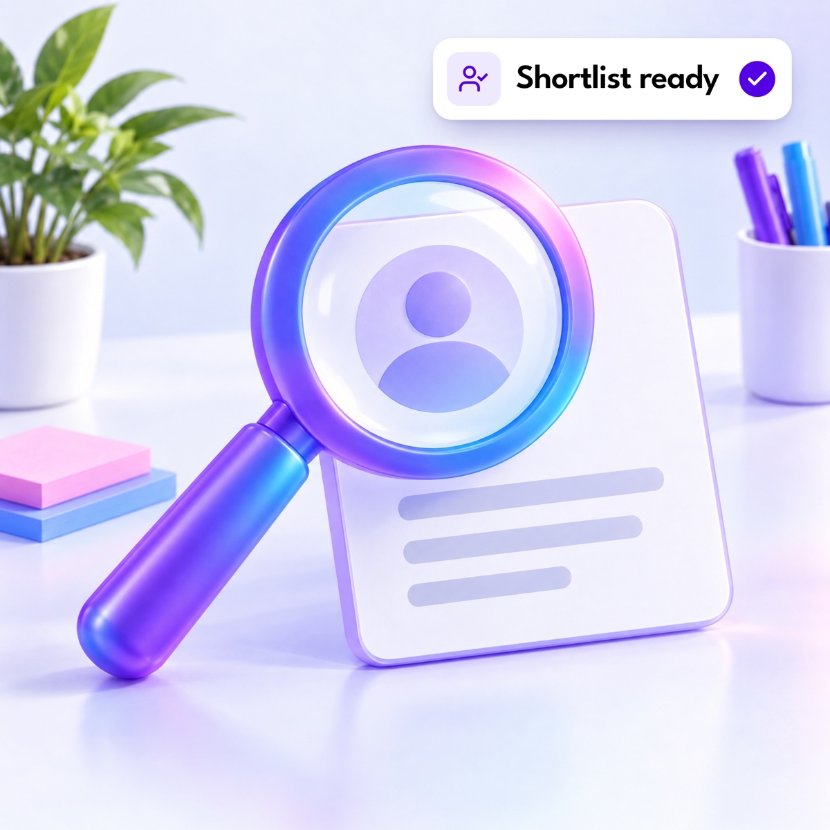 A magnifying glass over a profile card, with a "Shortlist ready" notification