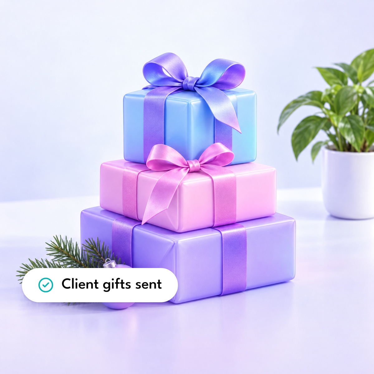 A stack of three pastel gift boxes with satin ribbons, with a "Client gifts sent" label