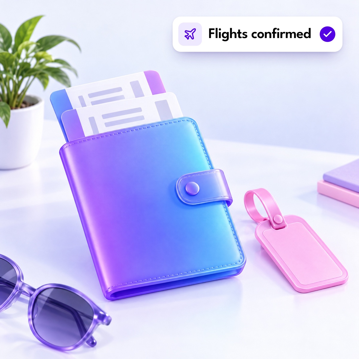 A passport wallet holding boarding passes, with sunglasses and a luggage tag, and a "Flights confirmed" notification