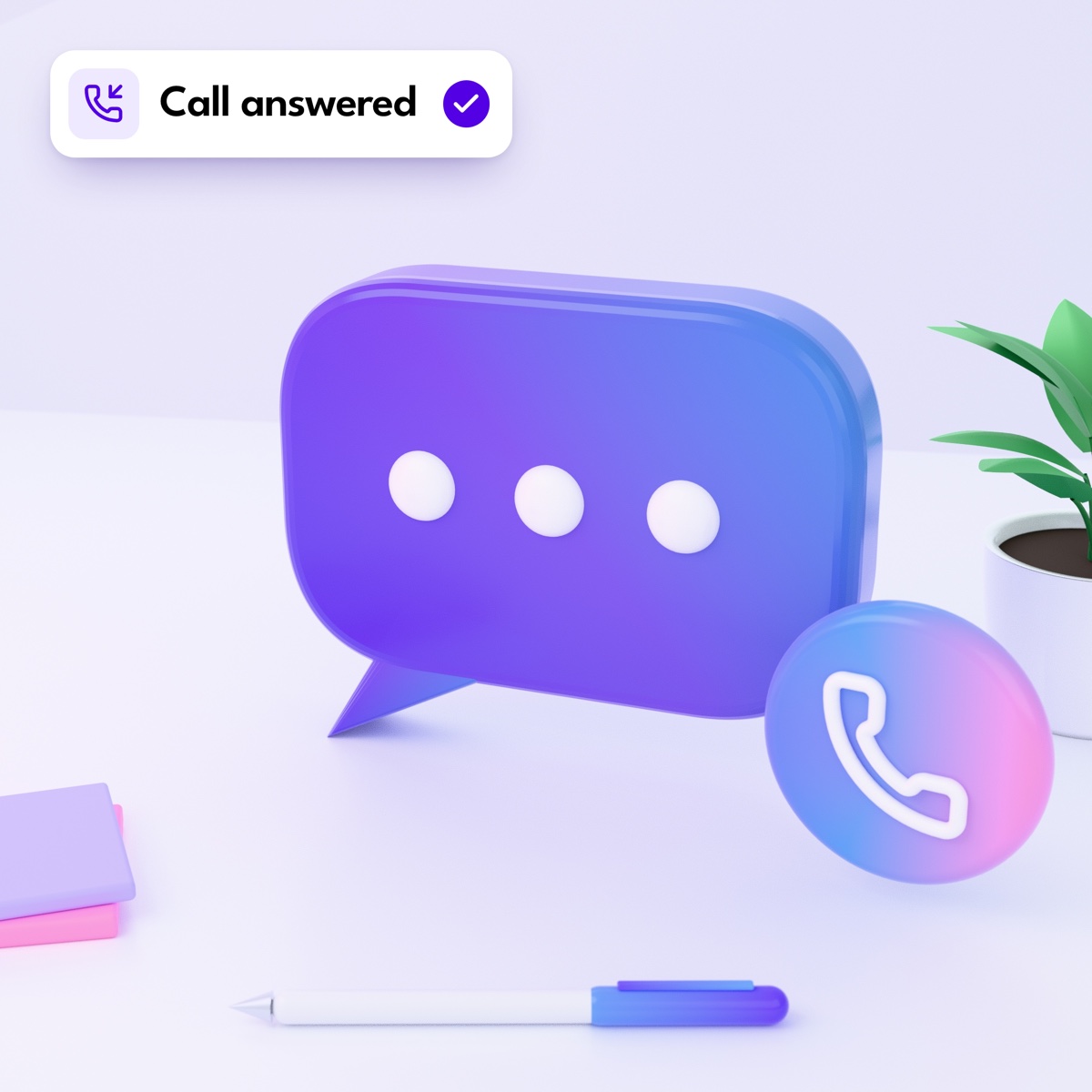 A speech bubble and a phone badge on a desk, with a "Call answered" notification