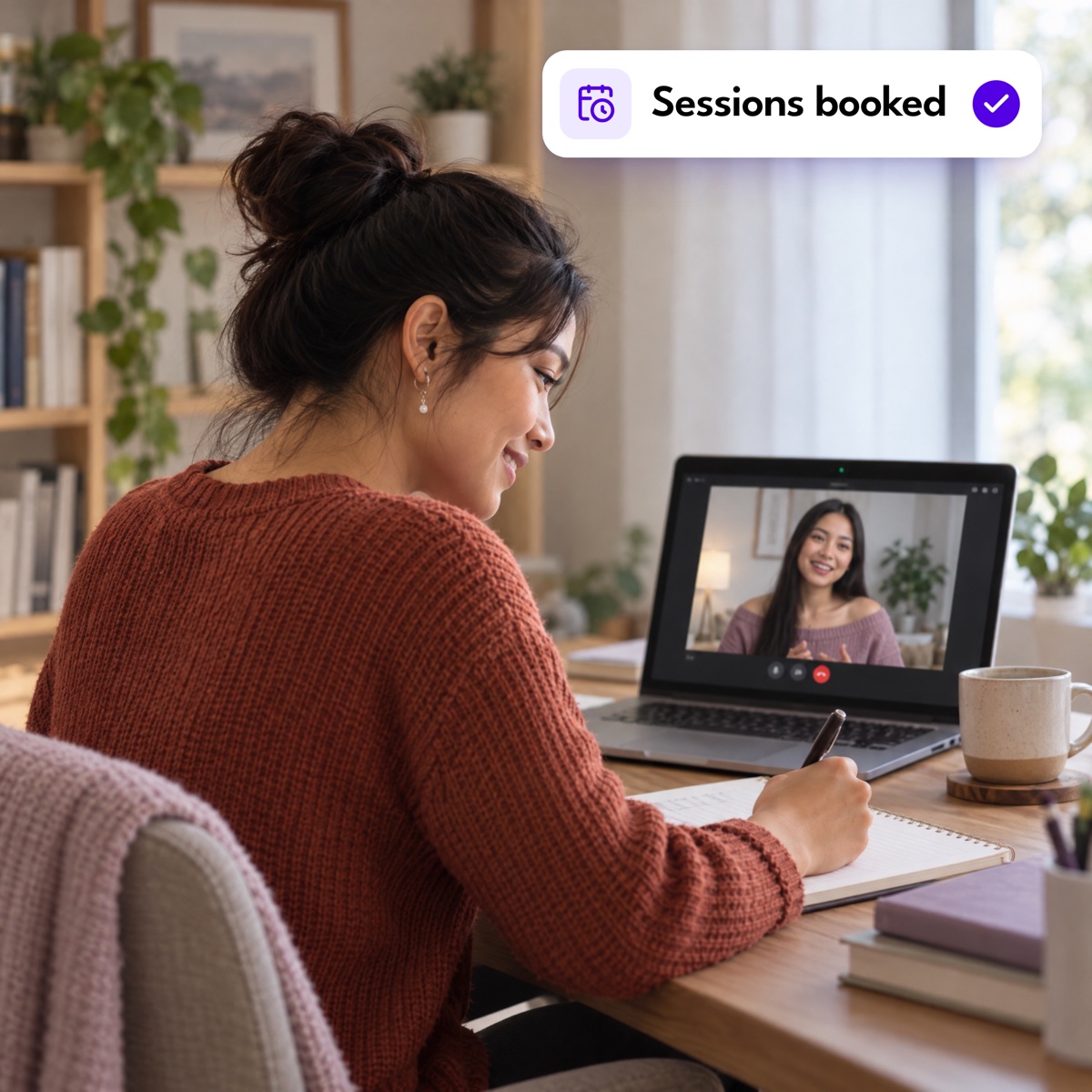 A coach on a video call with a client, taking notes, with a "Sessions booked" notification