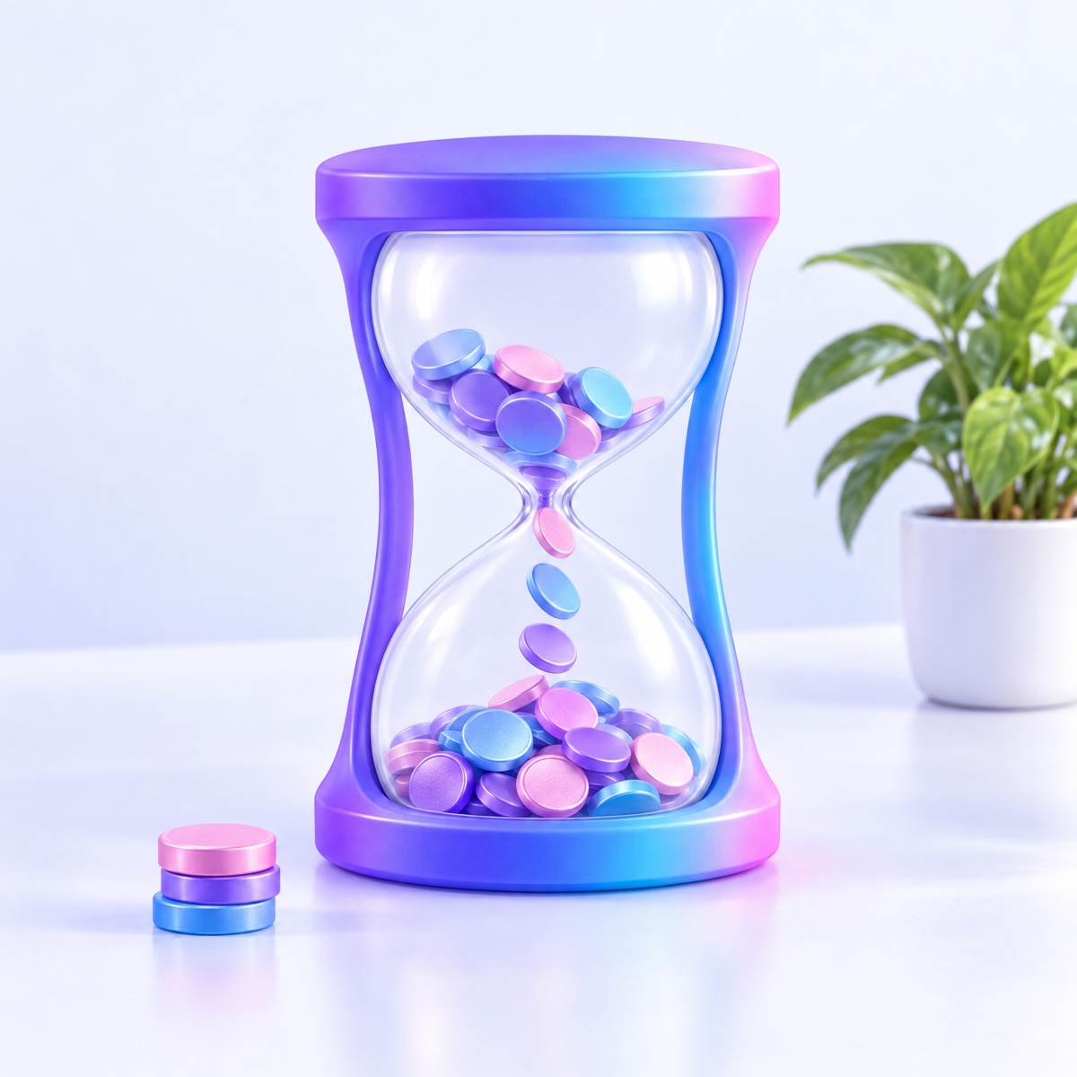 An hourglass that holds small coins instead of sand, with a short stack of coins beside it