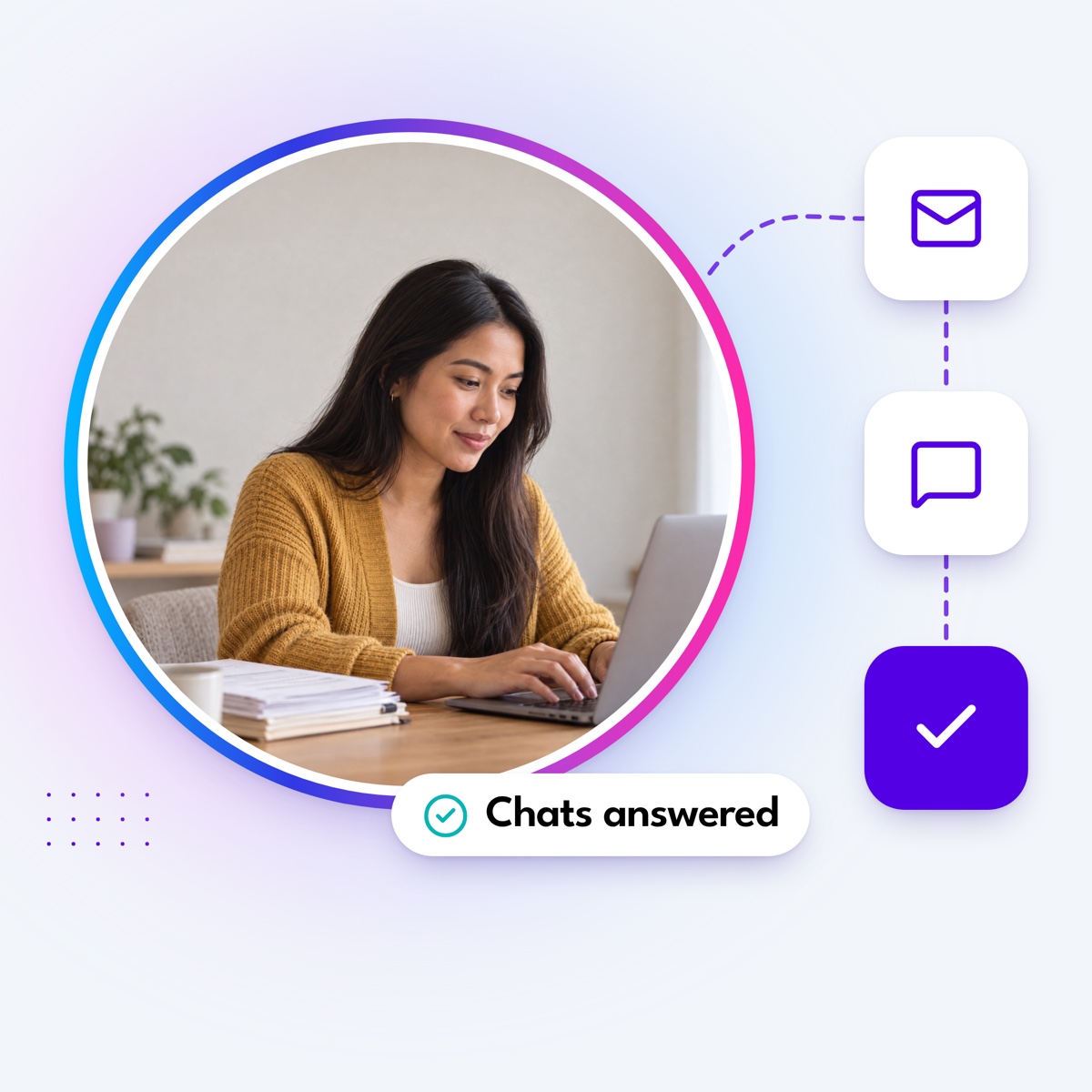 An assistant typing beside a stack of forms in a round gradient frame, with a dashed path to mail, chat and check tiles and a "Chats answered" label