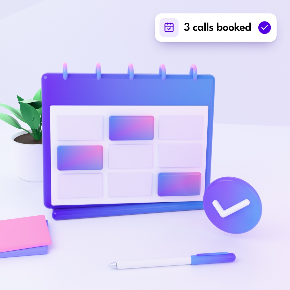 A desk calendar with three booked slots and a check mark badge, with a "3 calls booked" notification