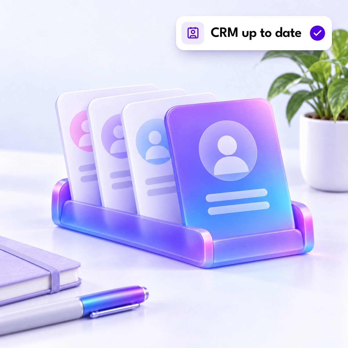 A fanned row of rounded contact cards in a stand, the front one violet, with a "CRM up to date" notification