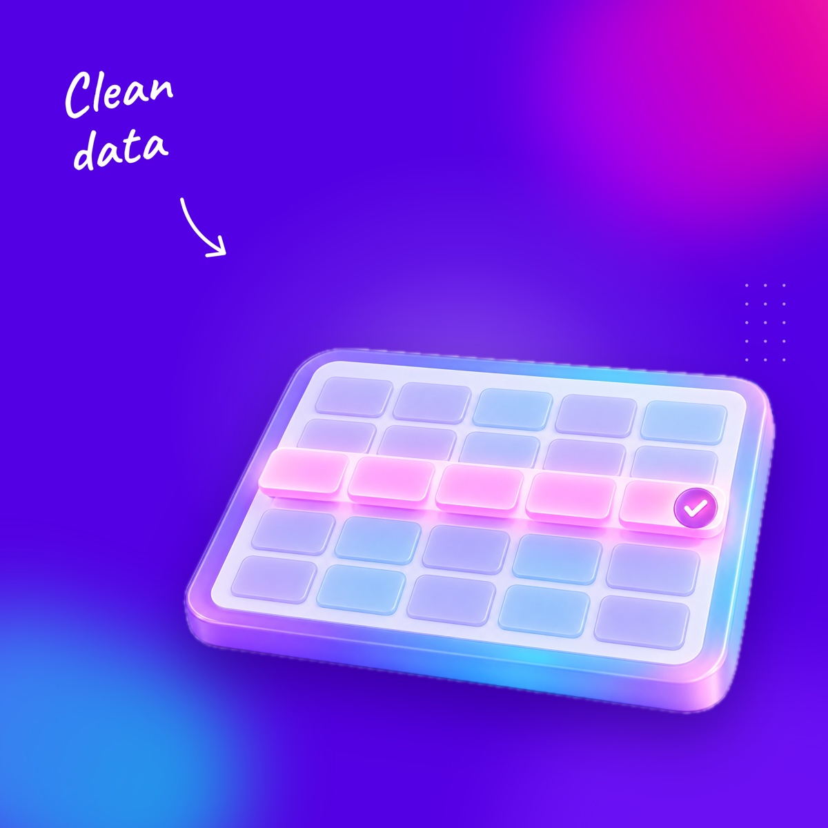 A rounded slab with a neat grid on a deep violet background, with a handwritten note "Clean data" and an arrow