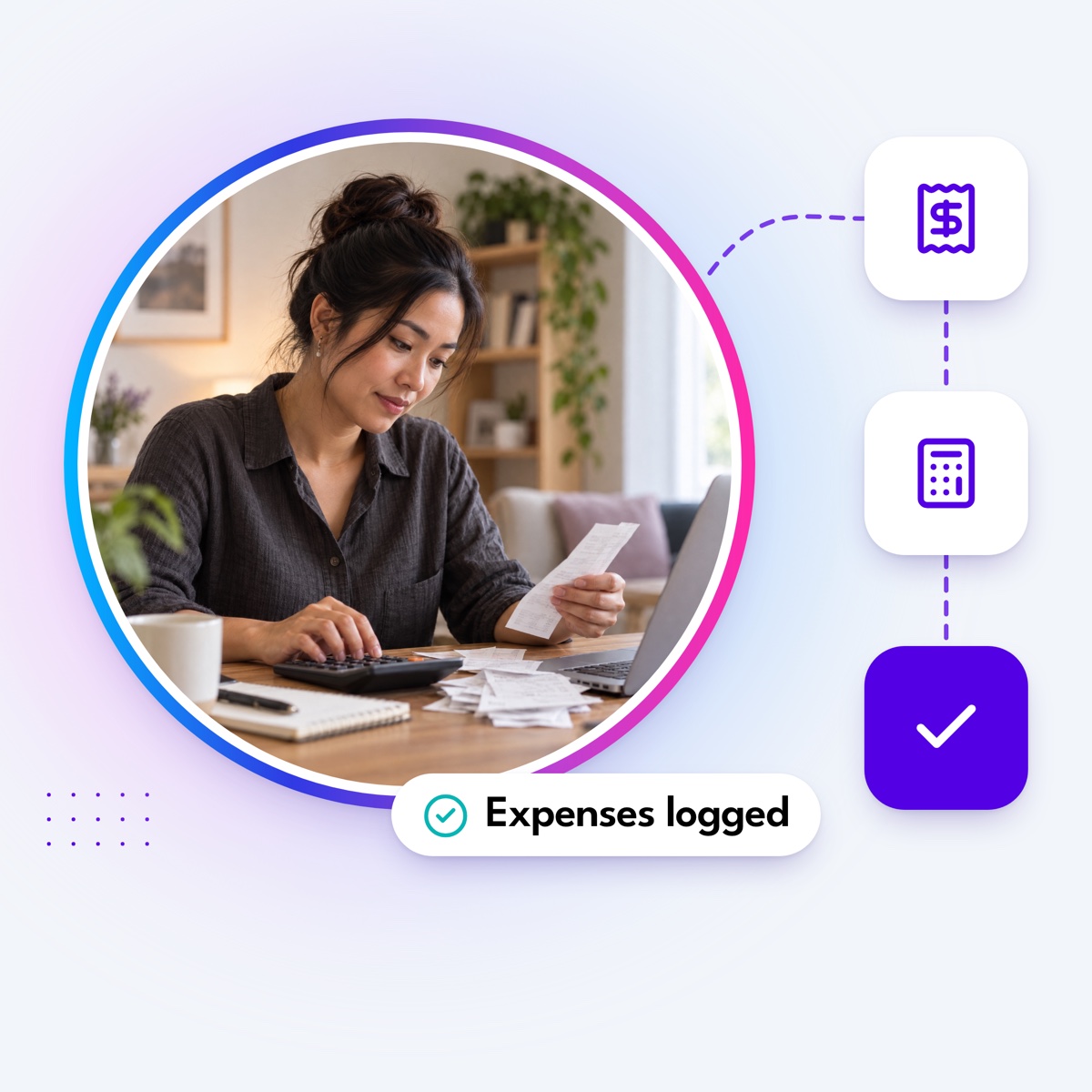 A bookkeeper checking receipts in a round gradient frame, with a dashed path to receipt, calculator and check tiles and an "Expenses logged" label