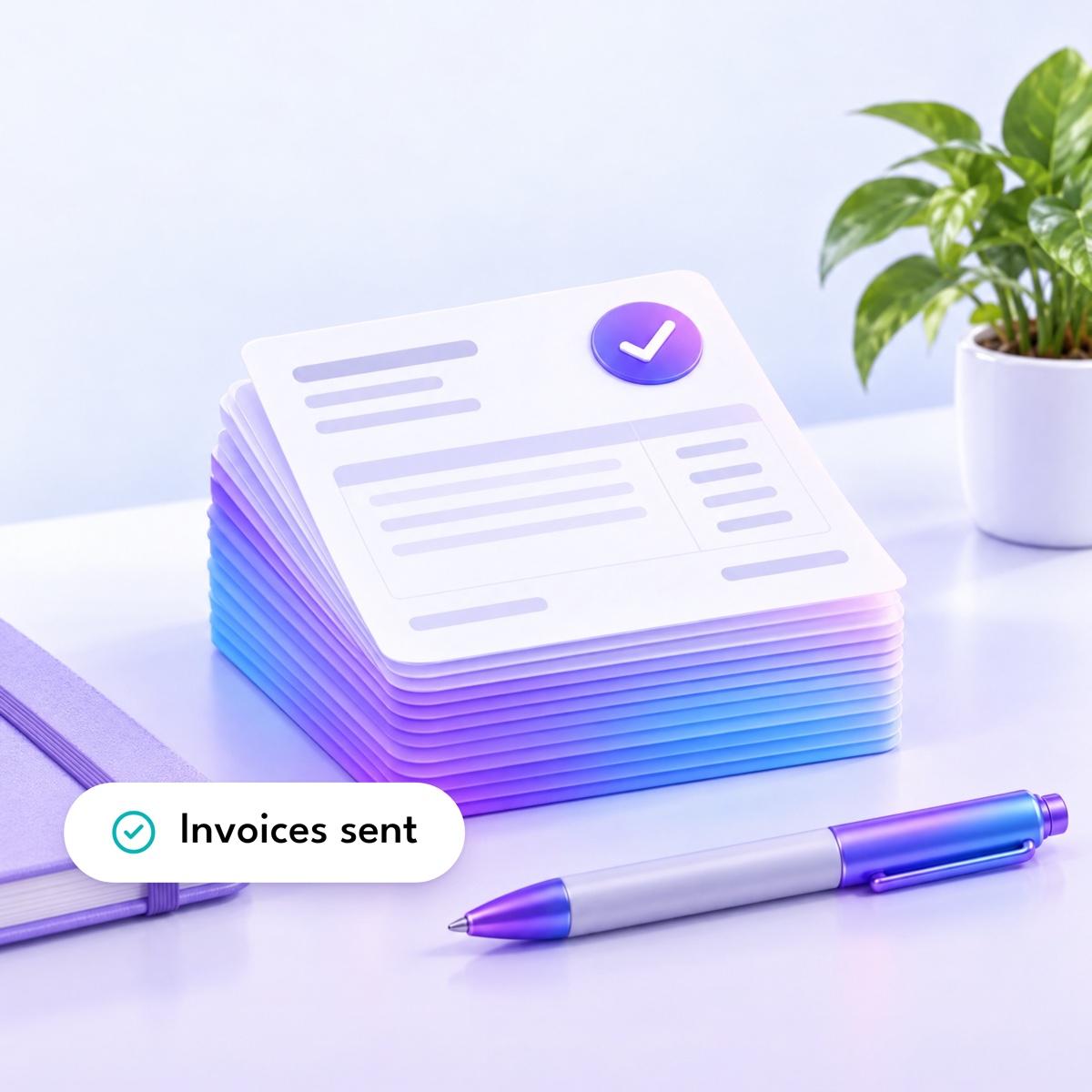 A stack of rounded invoice cards with a violet check badge, with an "Invoices sent" label