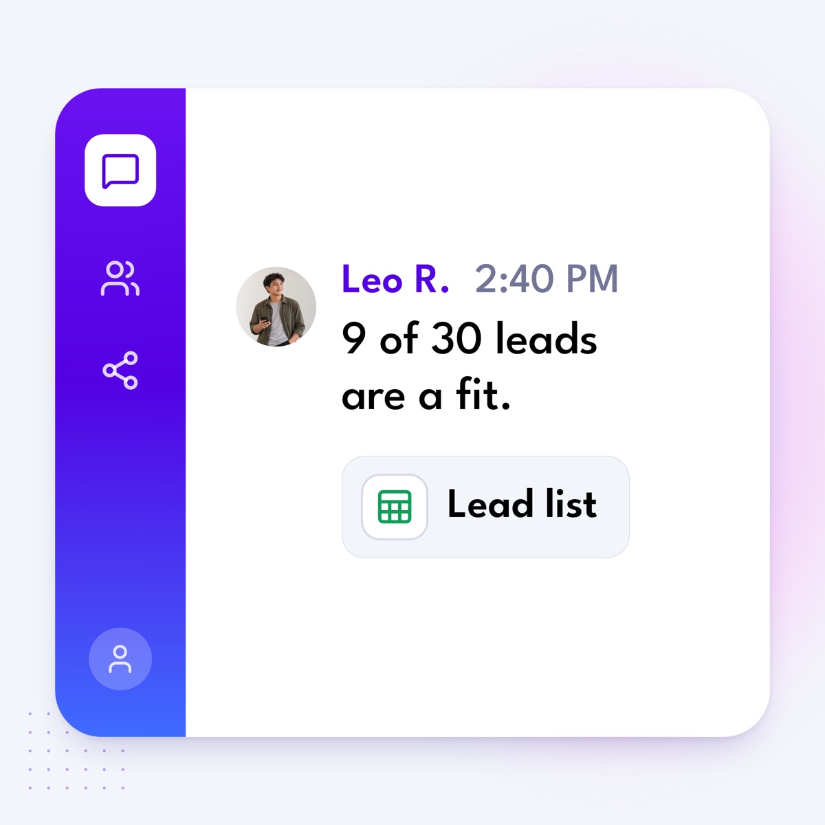 A chat message from Leo R.: "9 of 30 leads are a fit.", with a linked sheet