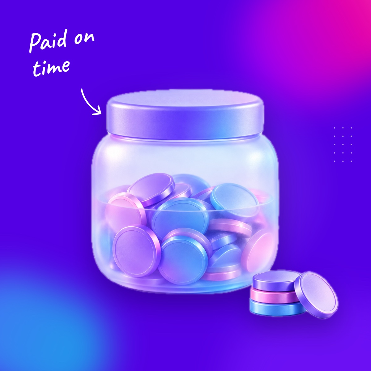A translucent jar of coins on a deep violet background, with a handwritten note "Paid on time" and an arrow